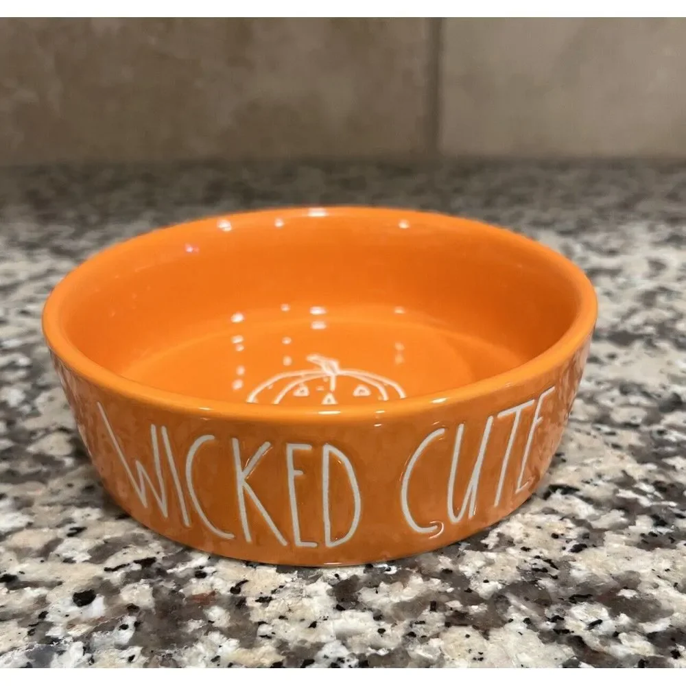NEW Rae Dunn Halloween Small Cat Dog Pet Bowl Dish‎ Orange WICKED CUTE pumpkin